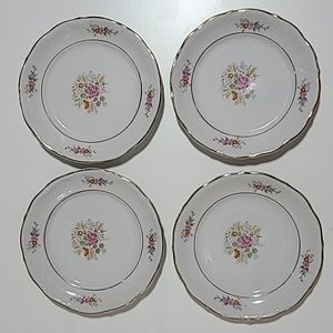 Walbrzych 50s Set of 4 Vintage Poland Yellow Gold flower Porcelain Small Plates